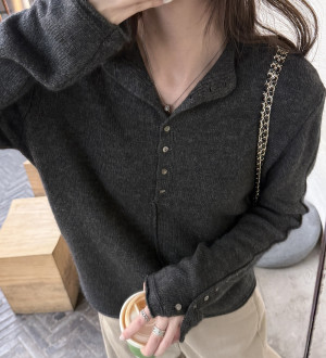 軟糯绒半開襟針織衫鈕釦半高領毛衣