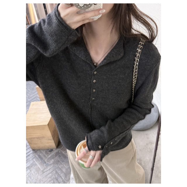 軟糯绒半開襟針織衫鈕釦半高領毛衣