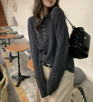 軟糯绒半開襟針織衫鈕釦半高領毛衣