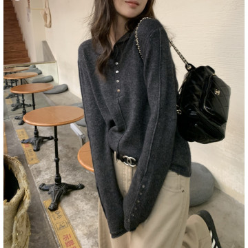 軟糯绒半開襟針織衫鈕釦半高領毛衣