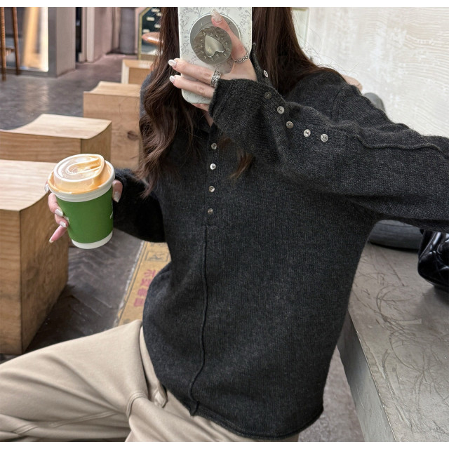 軟糯绒半開襟針織衫鈕釦半高領毛衣