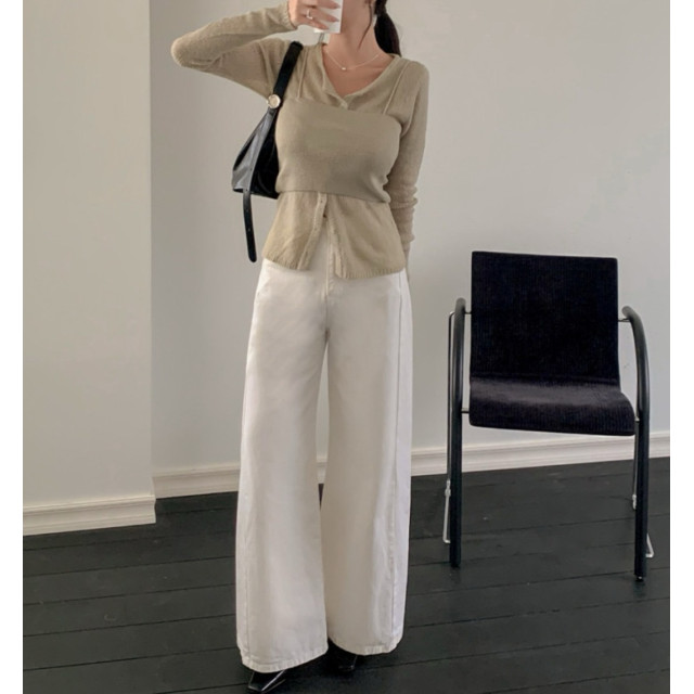 韓系chic氣質圓領排釦簡約打底上衣女+吊带針織套装(高彈力）