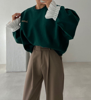 時尚拼接圓領套頭喇叭袖寬鬆衛衣上衣