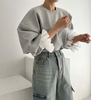 時尚拼接圓領套頭喇叭袖寬鬆衛衣上衣