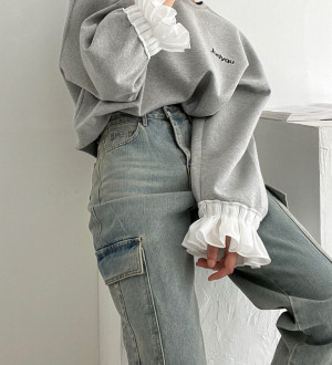 時尚拼接圓領套頭喇叭袖寬鬆衛衣上衣