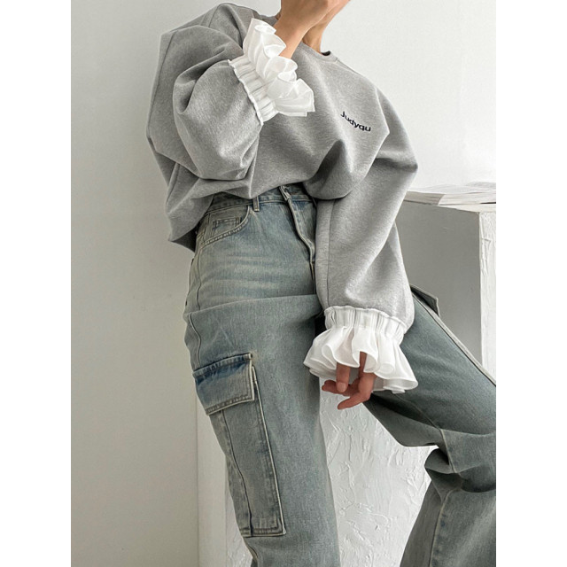 時尚拼接圓領套頭喇叭袖寬鬆衛衣上衣