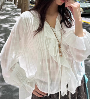 法式荷葉邊白色襯衫娃娃衫寬鬆長袖設計感V領綁帶上衣