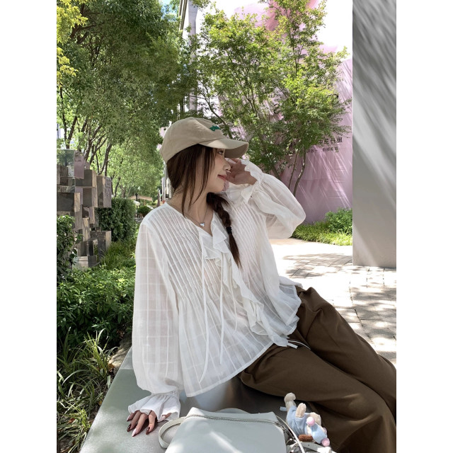 法式荷葉邊白色襯衫娃娃衫寬鬆長袖設計感V領綁帶上衣
