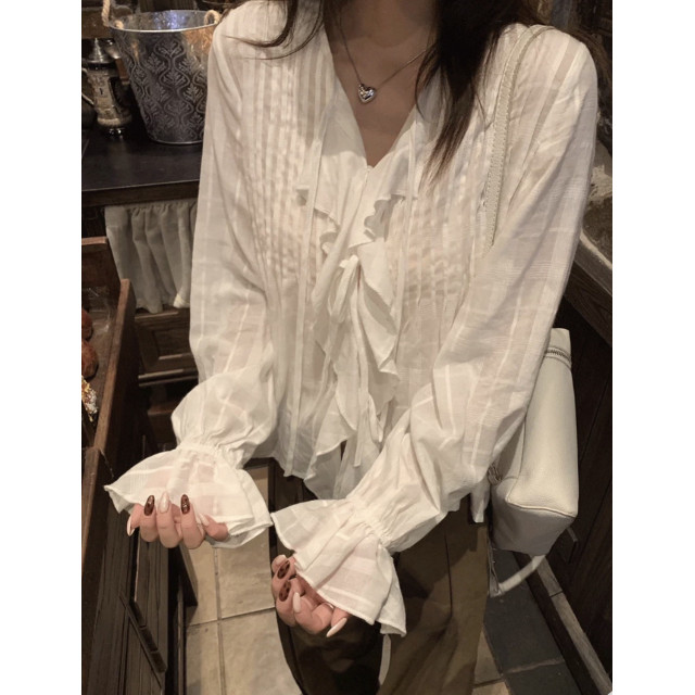 法式荷葉邊白色襯衫娃娃衫寬鬆長袖設計感V領綁帶上衣