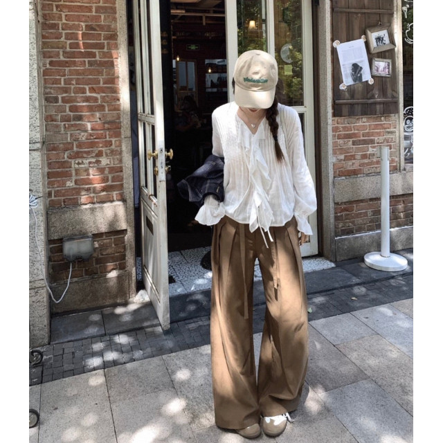 法式荷葉邊白色襯衫娃娃衫寬鬆長袖設計感V領綁帶上衣