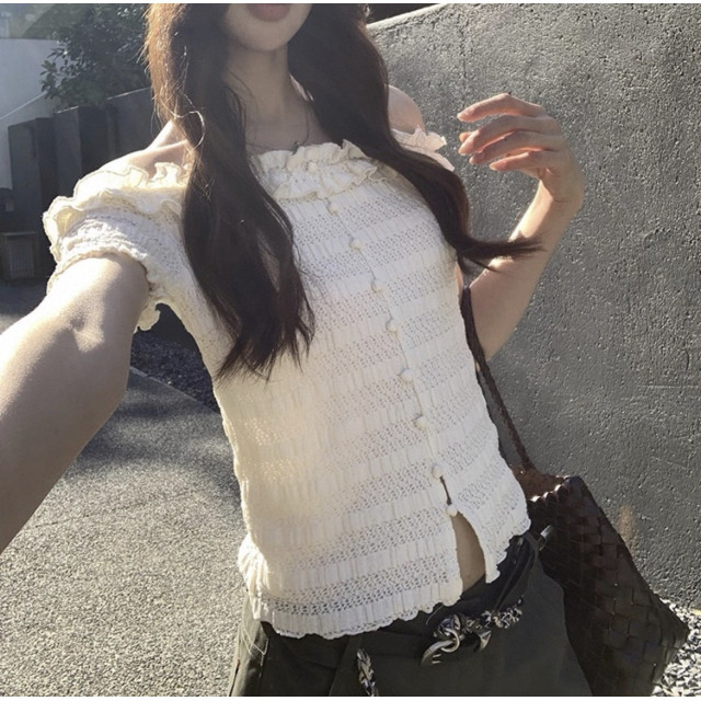 夏季穿搭設計感短款法式露肩荷葉邊一字肩上衣