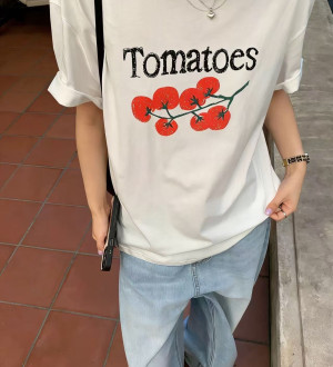 春夏番茄印花慵懶圓領棉質寬鬆短袖上衣