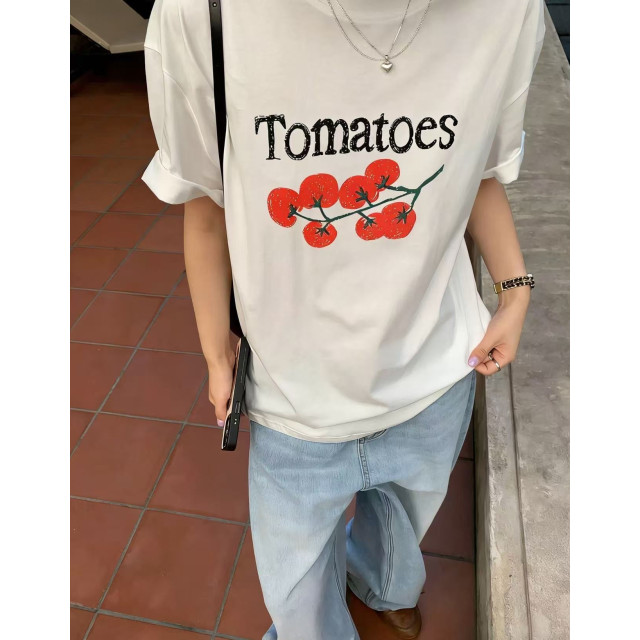 春夏番茄印花慵懶圓領棉質寬鬆短袖上衣