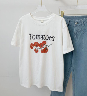 春夏番茄印花慵懶圓領棉質寬鬆短袖上衣