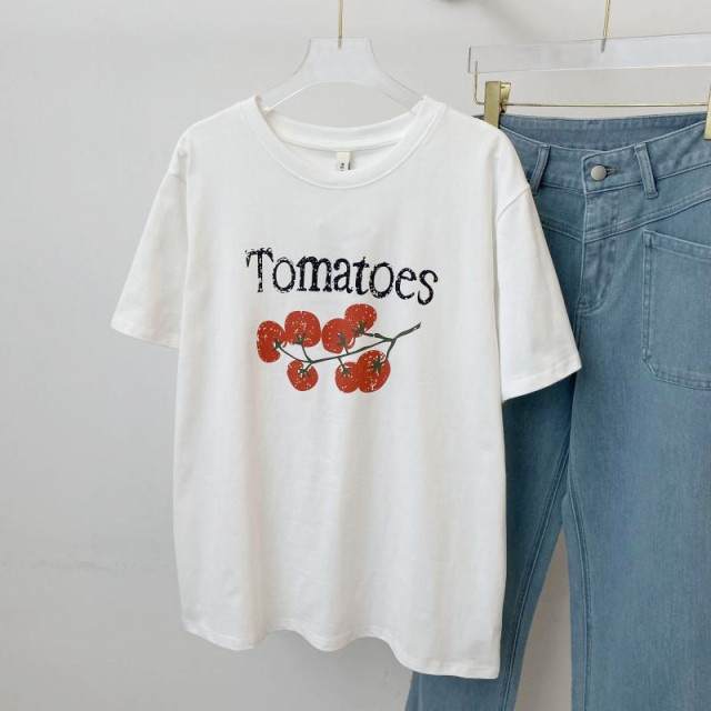 春夏番茄印花慵懶圓領棉質寬鬆短袖上衣