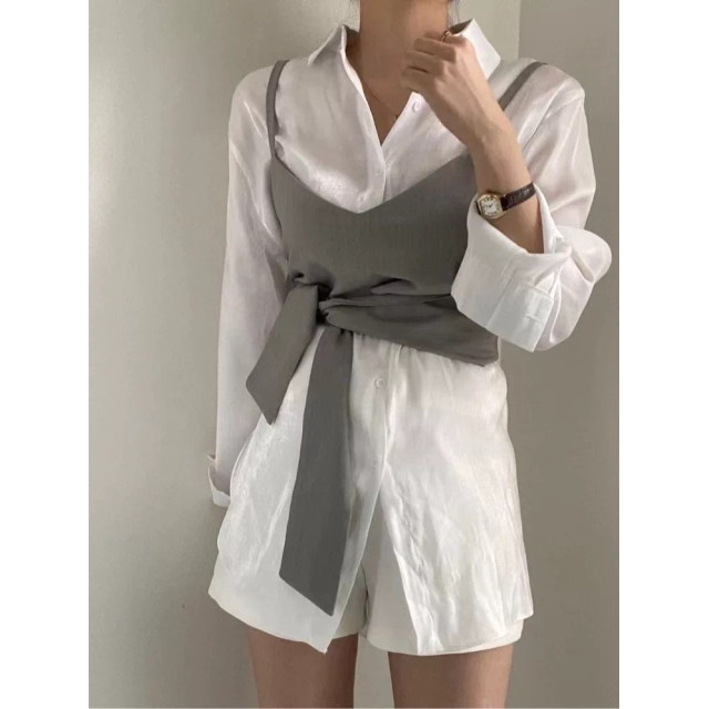 氣質百搭綁帶可調節吊带背心+光澤感長袖襯衫兩件式上衣