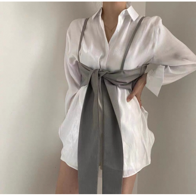 氣質百搭綁帶可調節吊带背心+光澤感長袖襯衫兩件式上衣