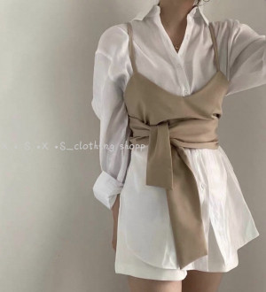 氣質百搭綁帶可調節吊带背心+光澤感長袖襯衫兩件式上衣