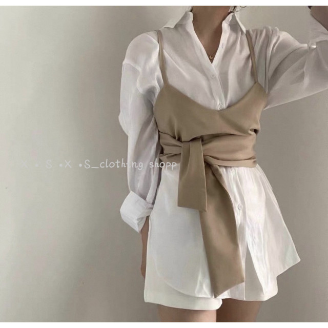 氣質百搭綁帶可調節吊带背心+光澤感長袖襯衫兩件式上衣
