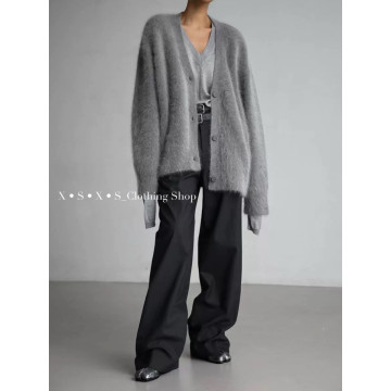 慵懶風V領仿水貂絨針織毛衣外套/毛茸茸針織外套