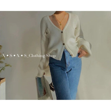 歐美風 燈籠袖高腰短版宮廷鈕釦針織衫