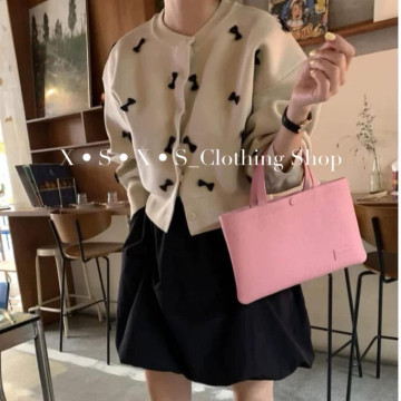 蝴蝶結設計圓領單排釦落肩廓形短版針織毛衣外套