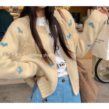 少女系愛心提花圓領拉鏈針織開衫毛衣外套