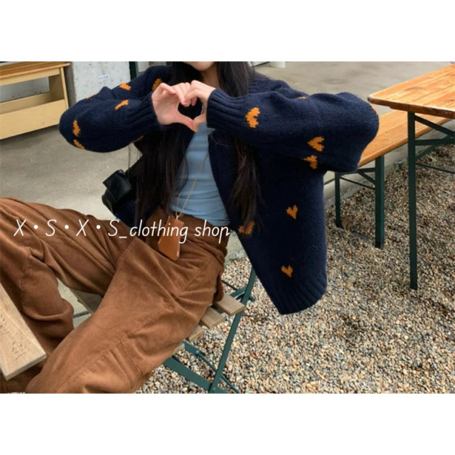 少女系愛心提花圓領拉鏈針織開衫毛衣外套