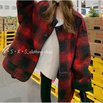 慵懶風 Oversize格紋羊羔毛圓領反折袖保暖大衣外套 