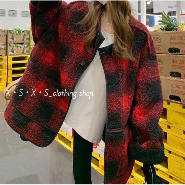 慵懶風 Oversize格紋羊羔毛圓領反折袖保暖大衣外套 慵懶風 Oversize格紋羊羔毛圓領反折袖保暖大衣外套