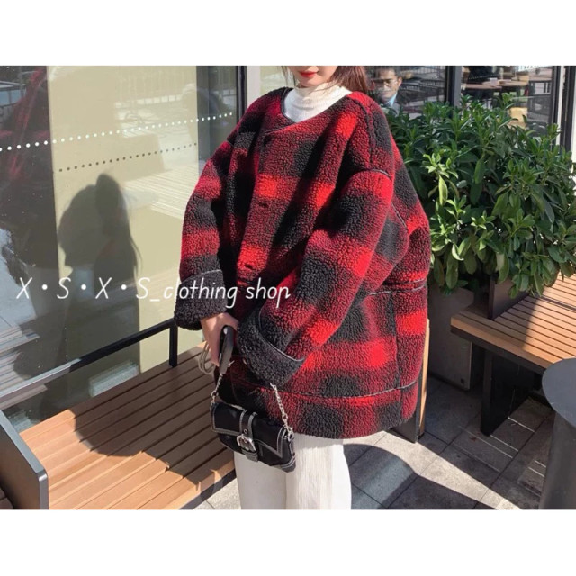 慵懶風 Oversize格紋羊羔毛圓領反折袖保暖大衣外套 慵懶風 Oversize格紋羊羔毛圓領反折袖保暖大衣外套