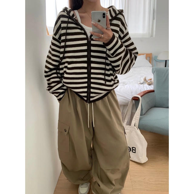 撞色條紋針織休閒長袖寬鬆連帽外套/連帽針織外套/條紋針織外套