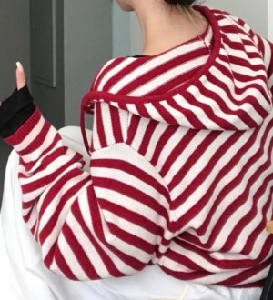 撞色條紋針織休閒長袖寬鬆連帽外套/連帽針織外套/條紋針織外套