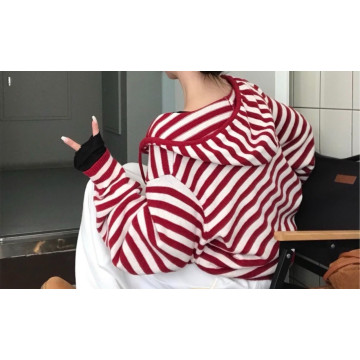 撞色條紋針織休閒長袖寬鬆連帽外套/連帽針織外套/條紋針織外套