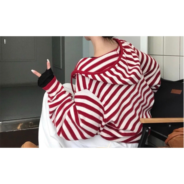 撞色條紋針織休閒長袖寬鬆連帽外套/連帽針織外套/條紋針織外套