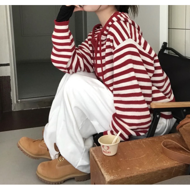 撞色條紋針織休閒長袖寬鬆連帽外套/連帽針織外套/條紋針織外套