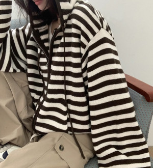 撞色條紋針織休閒長袖寬鬆連帽外套/連帽針織外套/條紋針織外套