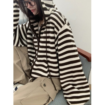 撞色條紋針織休閒長袖寬鬆連帽外套/連帽針織外套/條紋針織外套