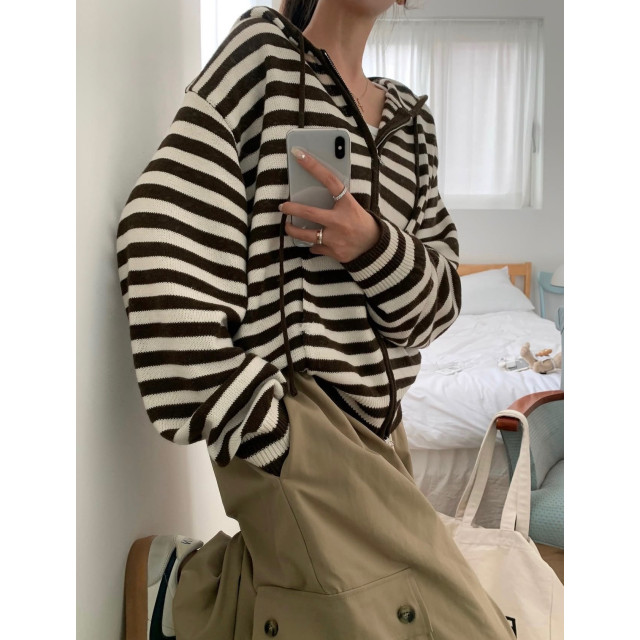 撞色條紋針織休閒長袖寬鬆連帽外套/連帽針織外套/條紋針織外套