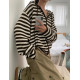 撞色條紋針織休閒長袖寬鬆連帽外套/連帽針織外套/條紋針織外套