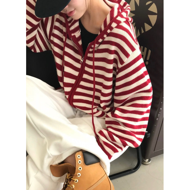 撞色條紋針織休閒長袖寬鬆連帽外套/連帽針織外套/條紋針織外套