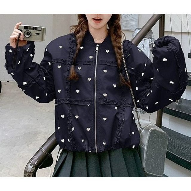 韓系甜美 滿版愛心 拼貼荷葉邊 下擺抽繩 棒球外套