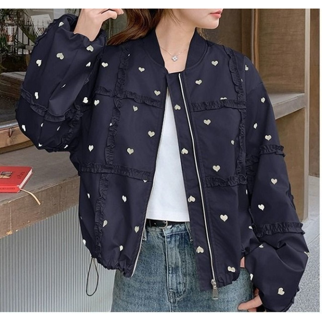 韓系甜美 滿版愛心 拼貼荷葉邊 下擺抽繩 棒球外套