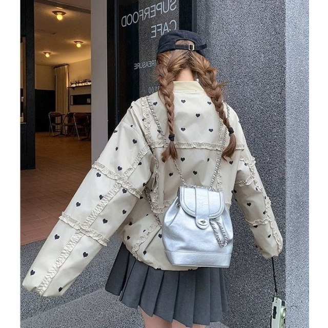 韓系甜美 滿版愛心 拼貼荷葉邊 下擺抽繩 棒球外套