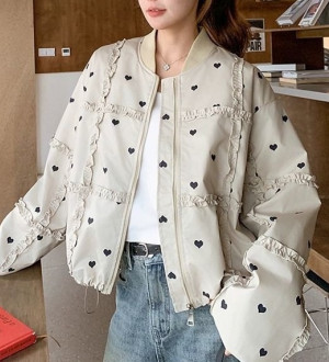 韓系甜美 滿版愛心 拼貼荷葉邊 下擺抽繩 棒球外套