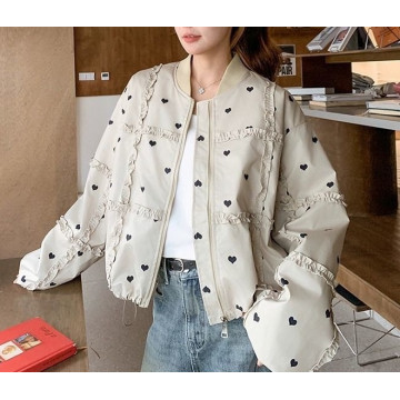 韓系甜美 滿版愛心 拼貼荷葉邊 下擺抽繩 棒球外套