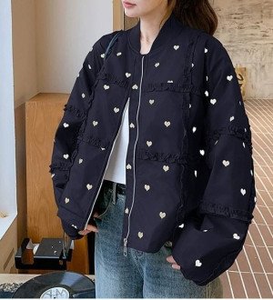 韓系甜美 滿版愛心 拼貼荷葉邊 下擺抽繩 棒球外套