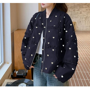 韓系甜美 滿版愛心 拼貼荷葉邊 下擺抽繩 棒球外套