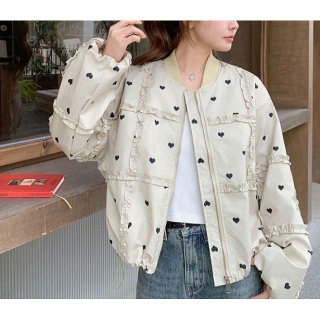 韓系甜美 滿版愛心 拼貼荷葉邊 下擺抽繩 棒球外套