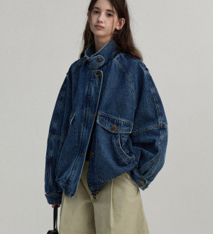 歐美復古感 牛仔翻領立領廓形感飛行員夾克外套